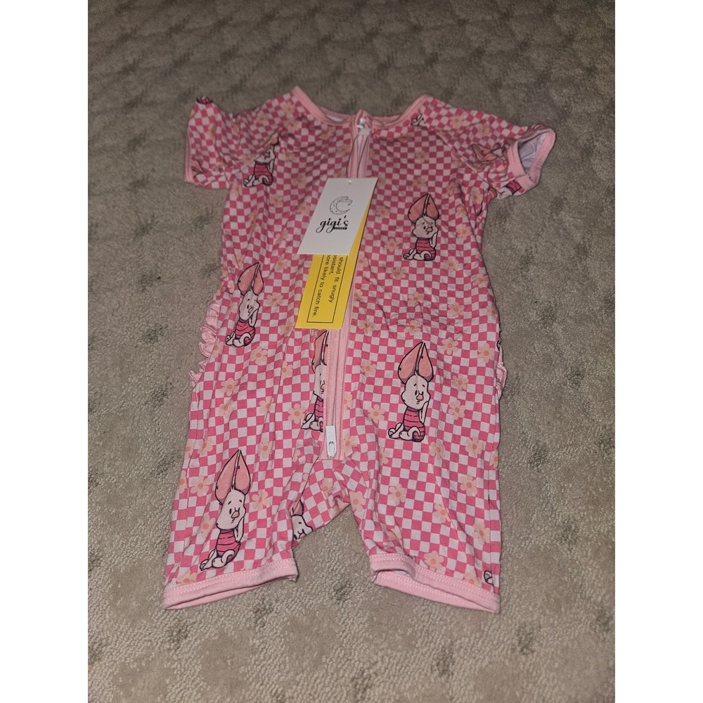 Gigi's Bamboo Piglet Checkered Pink Ruffle Short Sleeve Romper NWT bamboo